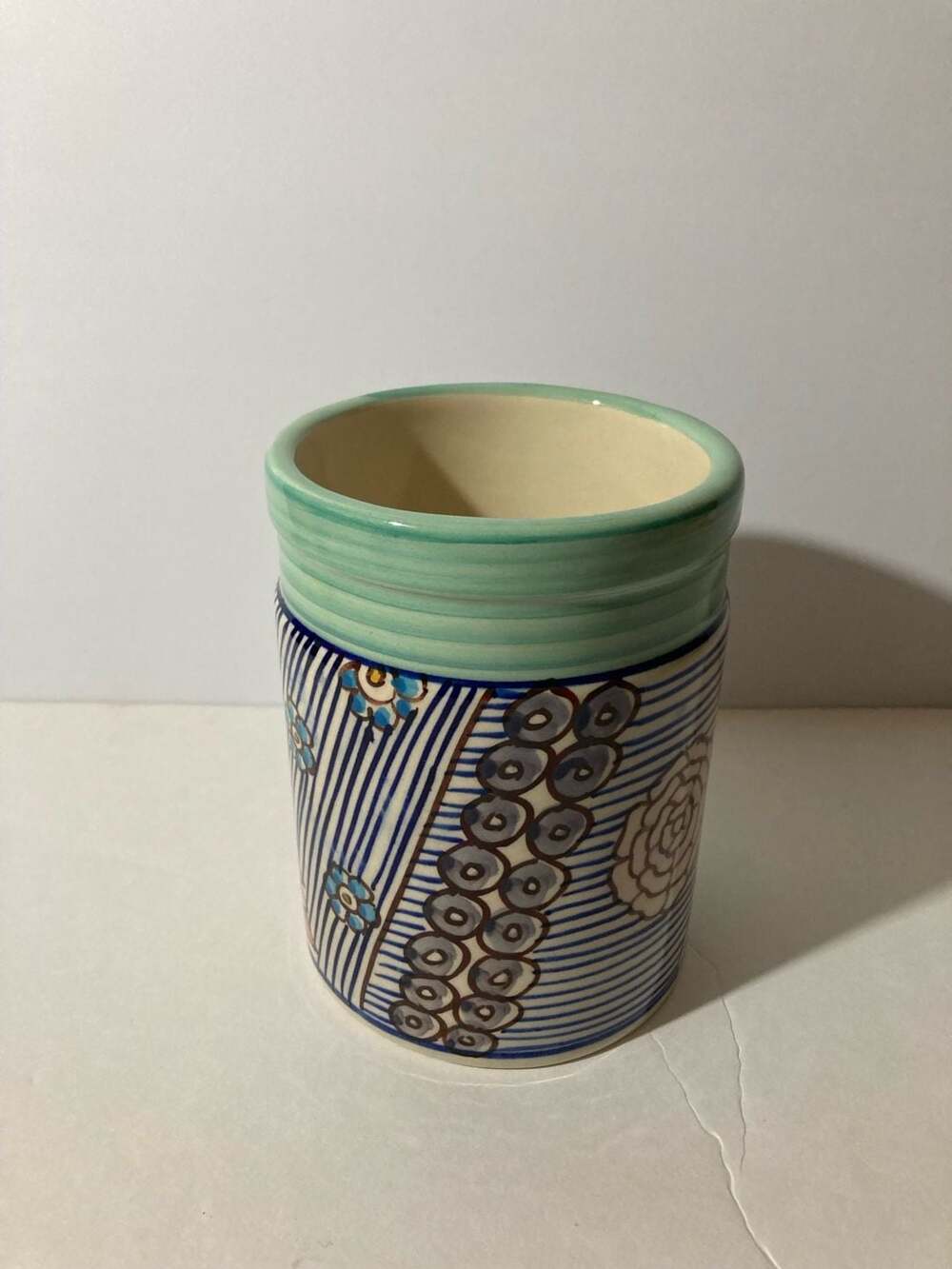 Hand Painted Artisanal Indian Pottery Multi-Pattern Cylinder Vase